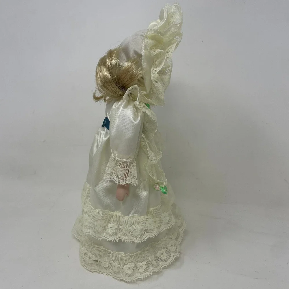 Vintage Porcelain Collector Doll 11.5 Inch Ivory Lace Satin Gown with Stand